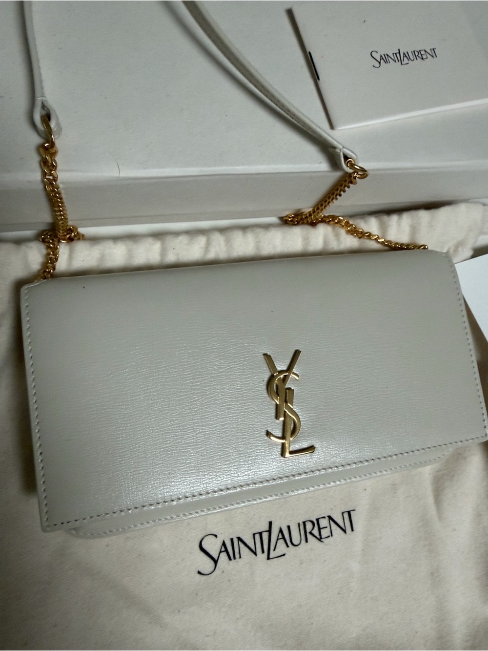 Yves Saint Laurent White Leather Chain bag/ phone holder with Gold YSL Logo